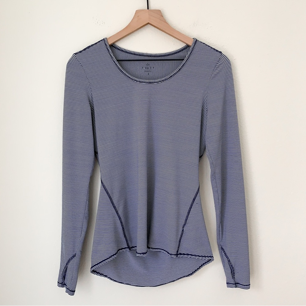Athleta Striped Long Sleeved Shirt, Size Small, Navy and White